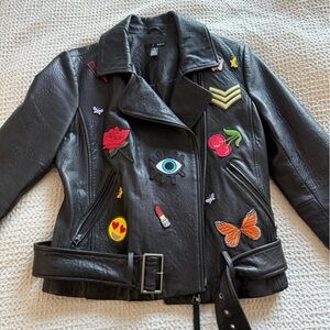 Aqua Black Leather Jacket with Colorful Embroidery